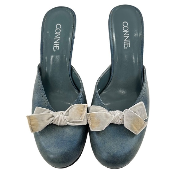 Connie heels size 6 metallic blue faux leather box slip on mule wedges 90s Y2k